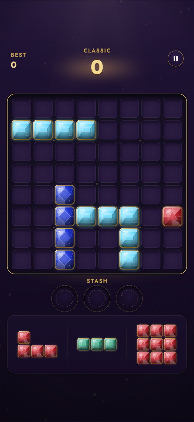 A Classic game: an 8 by 8 board of gold-mounted gems, with three pieces waiting in the tray below.